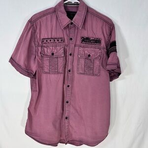 Affliction Woven Button Up Shirt Short Sleeve Men’s Medium Burnt Maroon Rusk 90’